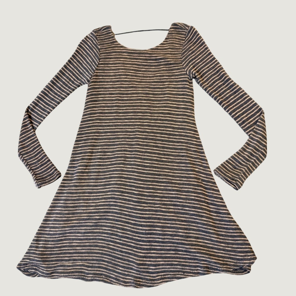 Striped Long Sleeve Mini Dress Small Boho A-Line Knit Grey Peach Rayon